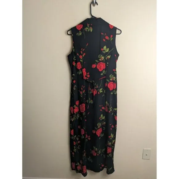 Vintage 90s size 8 rose print black floral button down midi dress - Picture 5 of 9